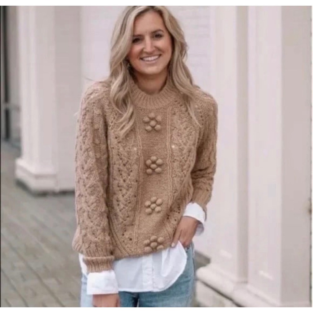 J.Crew Alpaca Wool Cable Knit Floral Popcorn Pom Pom Sweater Beige Womens M